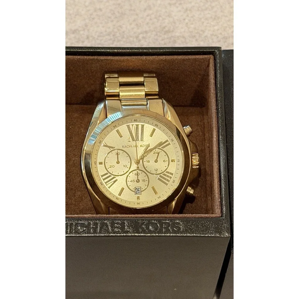 Michael‎ Kors MK5605 Gold Chronograph Watch Roman Dial w/ Box Needs Battery